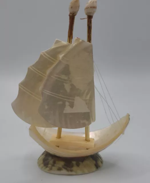 Japanese Kokeshi Doll Vtg Shell Ship Sail Boat Off-White Pirates Made From Shell