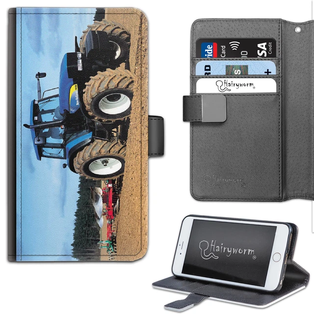 Bleu Tracteur Charrue Ferme PU Cuir Portefeuille Téléphone Étui ; Clapet Housse