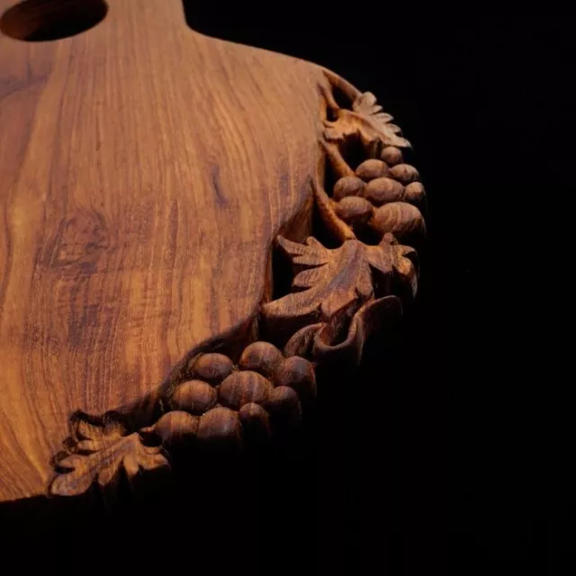 Hand Carved wooden cheese board, Deep Carving Of Grapes and Vines. Hand Made. 3