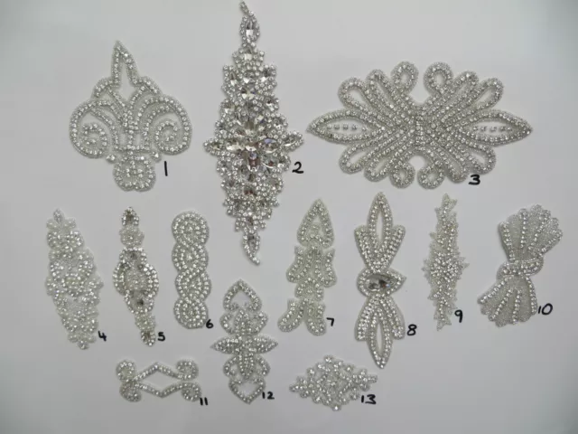 Sew/Iron On Silver Bling Beaded Rhinestone Trim Applique Bridal Dress Motif New