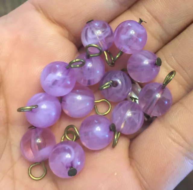 Vintage Metal Brass Loops Purple Lavender Givre Round Lucite Bead Drops Charms 3