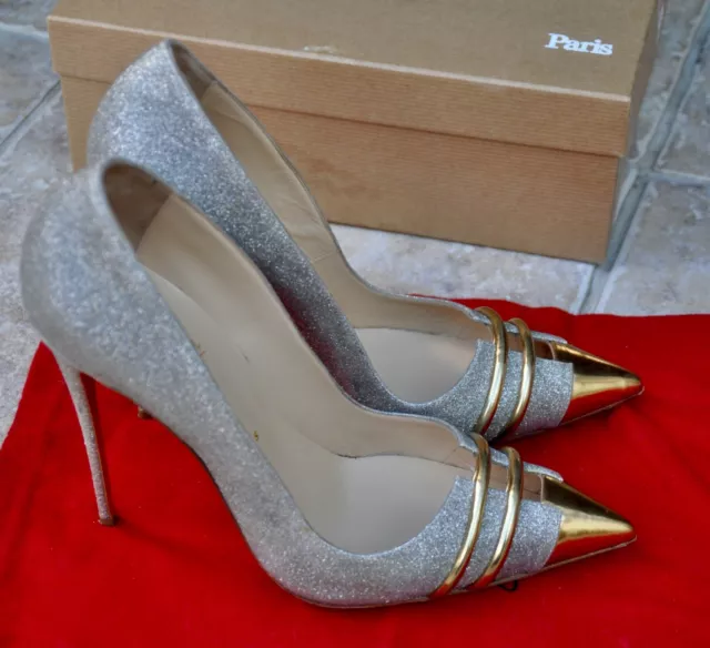 CHRISTIAN LOUBOUTIN 120 High Heels Glitter Silver Gold Size 41 8 UK Bridal Rare EUR 359 62 PicClick IT