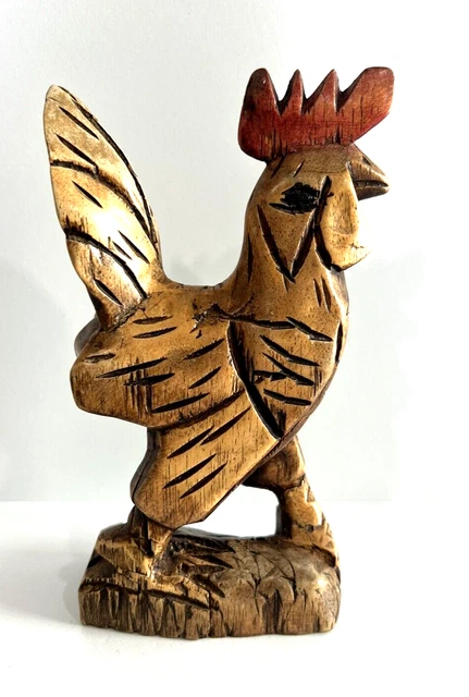 Hand Carved Wooden Rooster Hand Painted Folk Art Rustic Farm Decor Figurine 7"