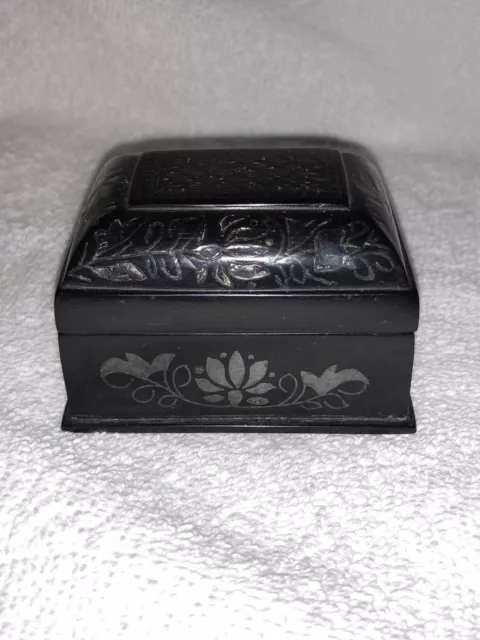 Vintage Black & Silver Metal Jewelry/Trinket Box - Lined