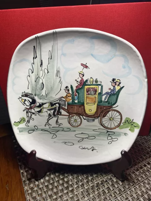 Made in Italy Hand Painted Wall Plate Horse & Buggy Carriage Scene 7 1/2" VTG 1
