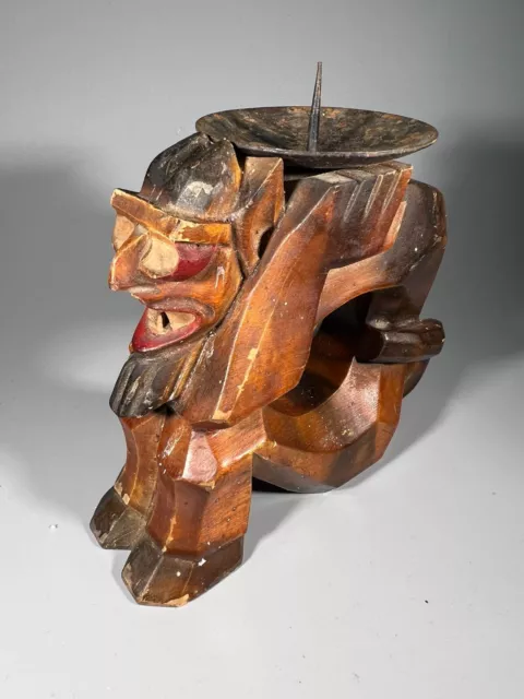 Wooden DEVIL EVIL CANDLESTICK traditional Handmade Hand Crafted VINTAGE CARVED
