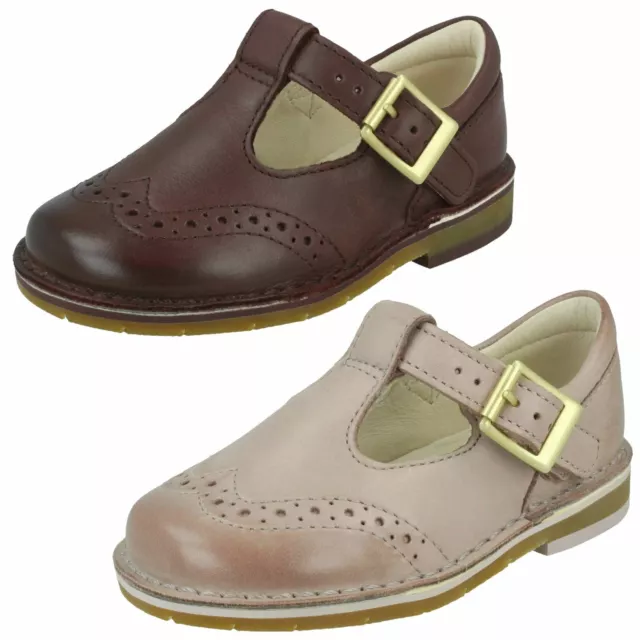 GIRLS CLARKS LEATHER T Bar Riptape Heart Detailed Smart Shoes