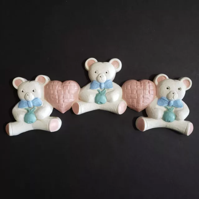 Homco Teddy Bear Trio with Hearts Nursery Wall Decor Vintage