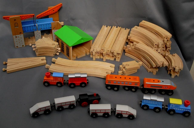 WOODEN TRAIN SET 59 pieces inc 11 trains/carriages & lots of track ...