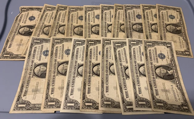 1 dollar silver certificate lot of 18 One Blue Seal Dollars Mixed Dates