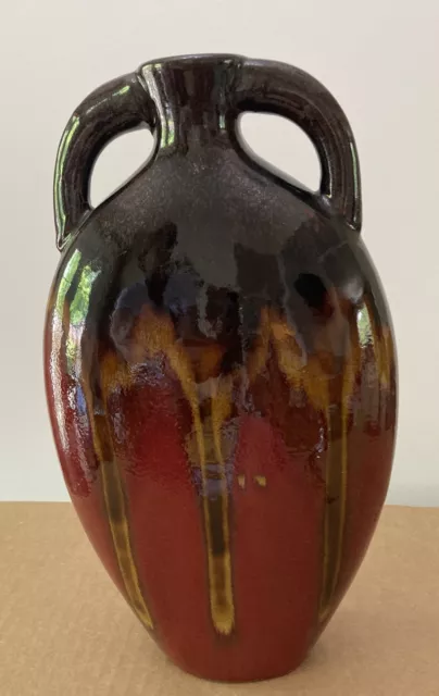 Vintage  Multi Color Earthtone Drip Glaze Studio Art Pottery 2 Handled Vase/Jug