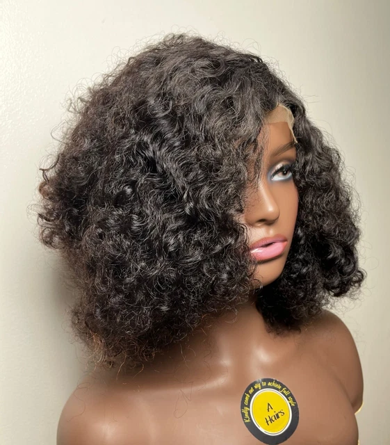 Human hair kinky wig soft Afro Black curly lace closure headband unisex hair
