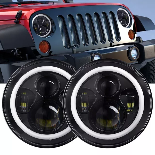 Paire 7 " Pouce Rond LED Phares Halo Angle Yeux Pour Jeep Wrangler JK Lj Tj CJ