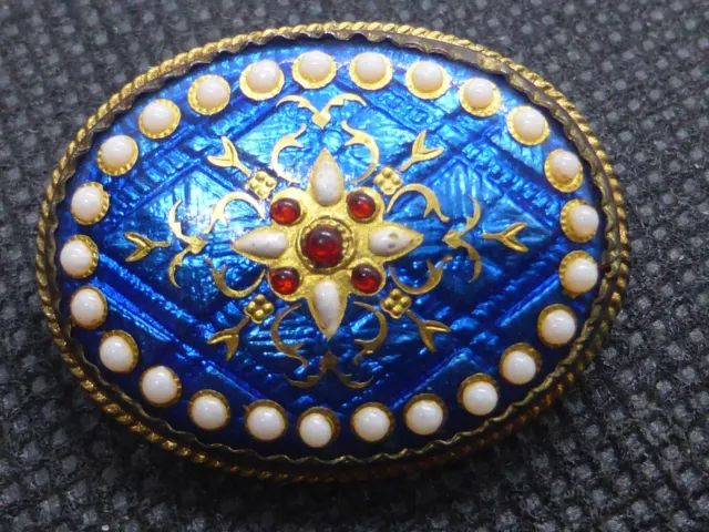 Antique French Silver Gilt (Vermeil) Bressan Enamel Brooch Pin Bright Blue