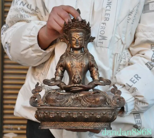12.8" Tibetan Buddhism bronze Gilt Amitayus longevity God Goddess Buddha Statue
