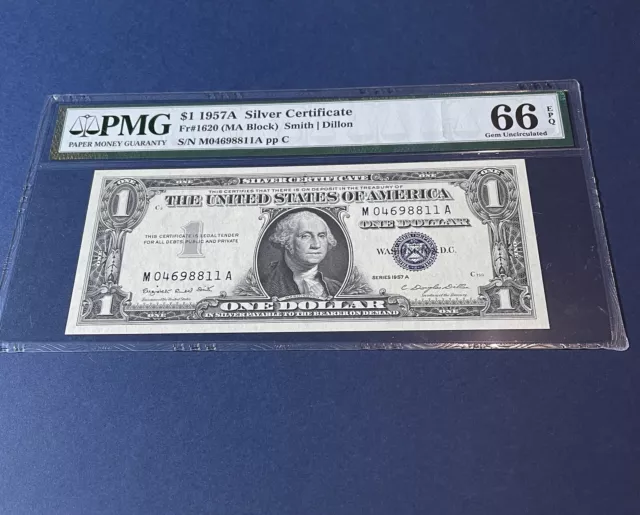 1957A $1 Silver Certificate. Fr#1620 M/A Block. PMG Gem + Uncirculated. 66 EPQ""