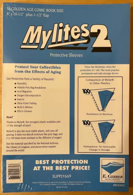 50 E Gerber Mylites 2 mil Golden Age Mylar Comic Bags 800M2 8" x 10-1/2"