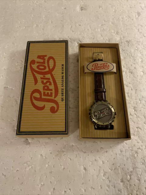 Pepsi Cola Quartz Analog Watch: Silver/Gray Face & Brown Leather Band [1996] NEW