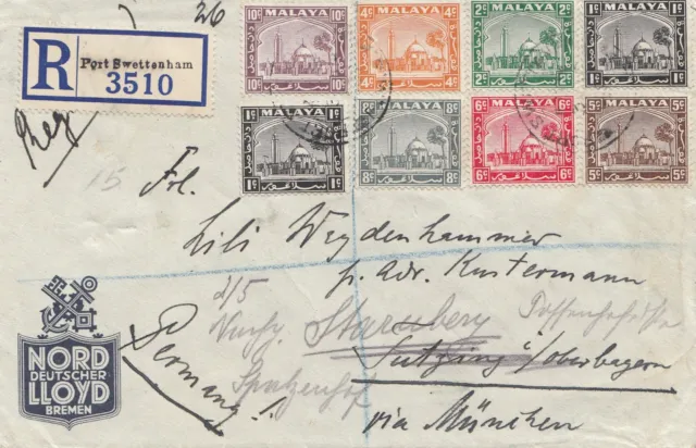 Malaysia: 1937: Registered Porto Swettenham to Tutzing, Weiterleitung Starnberg