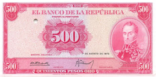 Colombia  500  Pesos Oro  7.8.1973  P 416p  F/B  Proof  Uncirculated Banknote WW