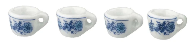 Dolls House 4 Blue Floral Cups Mugs Miniature Delft Kitchen Dining Accessory