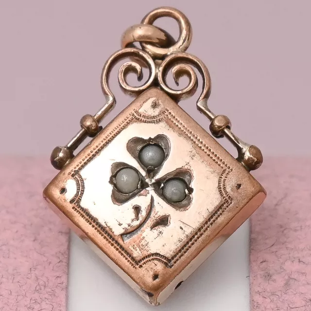 Antique Victorian TINY Rose Gold Filled Clover Seed Pearl Charm Pendant