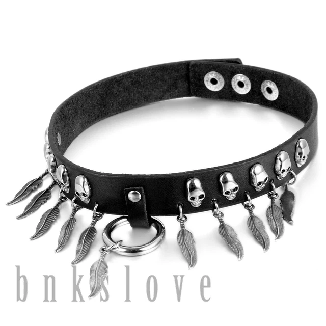 Gothic Punk Rock Skull Feather Charm Black Leather Choker O Ring Collar Necklace