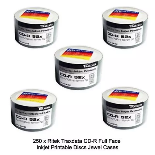 250 x Ritek Traxdata CD-R Full Face 52x 700MB Inkjet Printable Discs in Shrinks