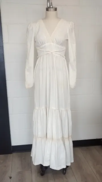 Vintage Muslin Wedding Dress Gown 1970's Boho Hippie Off-White Maxi Size 7