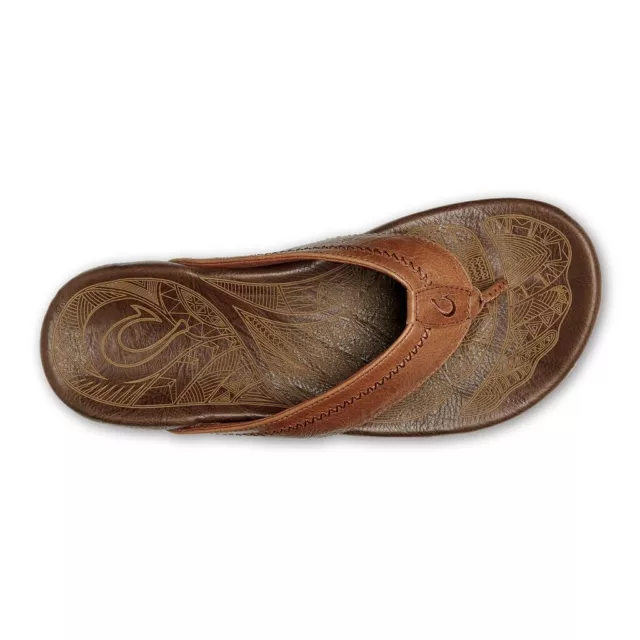 NEW $130 OLUKAI Hiapo Leather Sandals Men’s Flip Flops Rum / Dark Wood ...