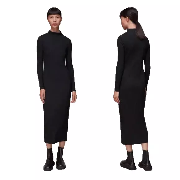 Whistles Size 8 Black Long Sleeves Mock Neck Rib Polo Jersey Dress - New