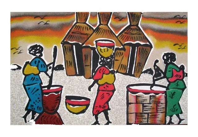 Tableau de sable aicain du sénégal scene de vie femme au à Corné