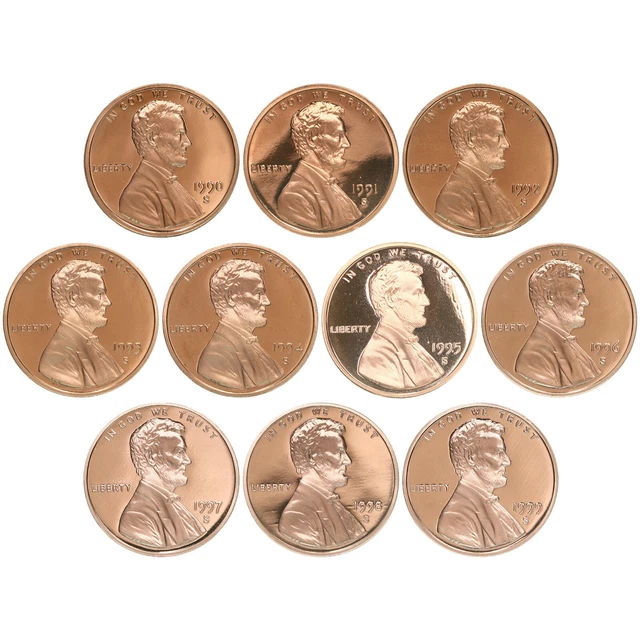 1990-1999 S Lincoln Memorial Cent Gem Deep Cameo Proof Run 10 Coin Set US Mint