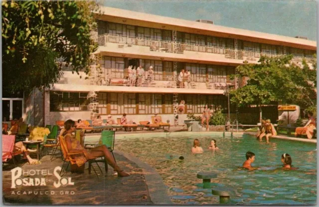 Vintage ACAPULCO Mexico Postcard HOTEL POSADA DEL SOL Pool Scene c1960s