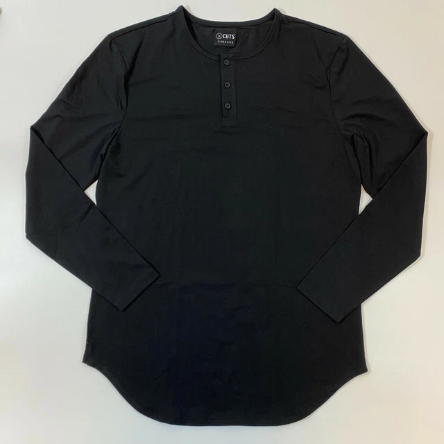 Cuts Clothing Men's Long Sleeve T-Shirt Henley Tee Elongated Hem in Black sz XL