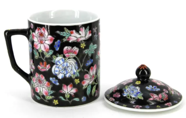 Chinese Black Tea Cup Mug Lid Ceramic Flowers Pink Blue Yellow Red Green