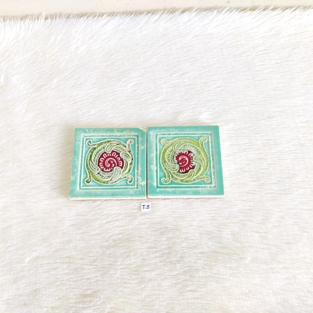 1940s Vintage Floral Embossed Architecture Furniture Tile Japan 3 x 3 2 Pcs