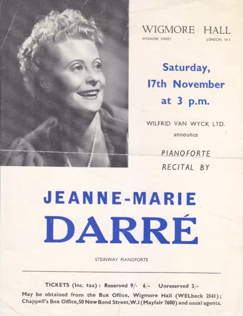 Concert Recital Programme 1950s  Wigmore Hall Piano Jeanne-Marie Darré