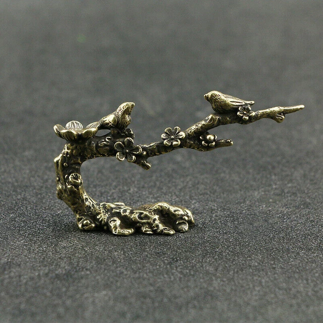 90MM Collection Curio Chinese Bronze Plum Blossom Ttwo Pied Magpie Bird Statue