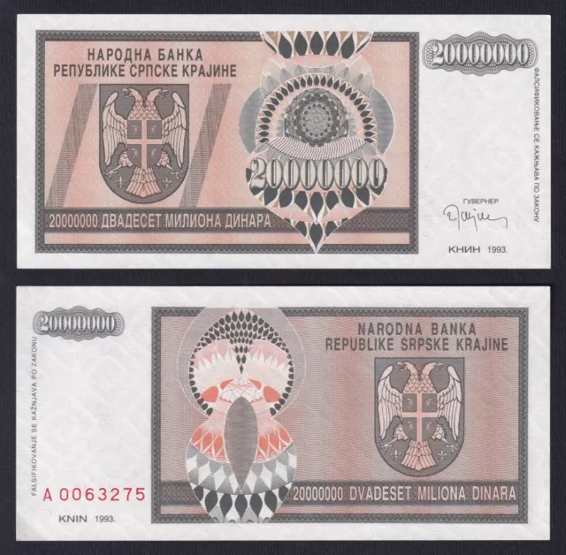 Croatia Krajna Serb 20 Million Dinara 1993 P R13a Fds Unc- A-10