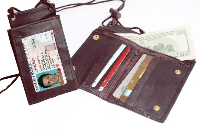 Black Leather ID Badge Bifold  Neck Strap Wallet Lanyard Card Money Holder Zip