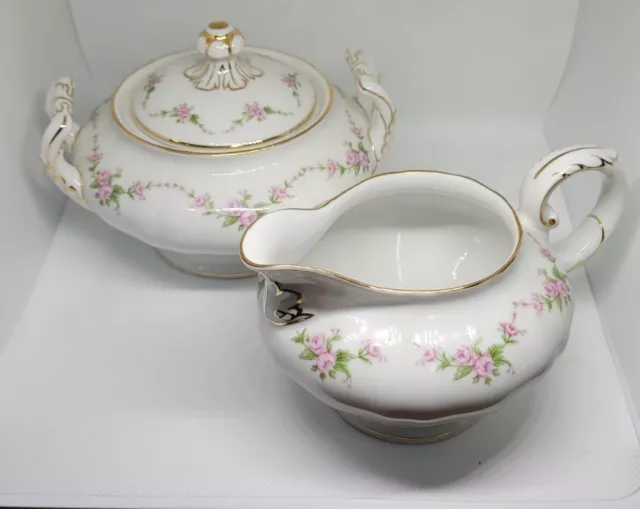 K&A Krautheim Selb Bavaria Vintage Sugar and Creamer Set W/Lid Pink Roses Gloria