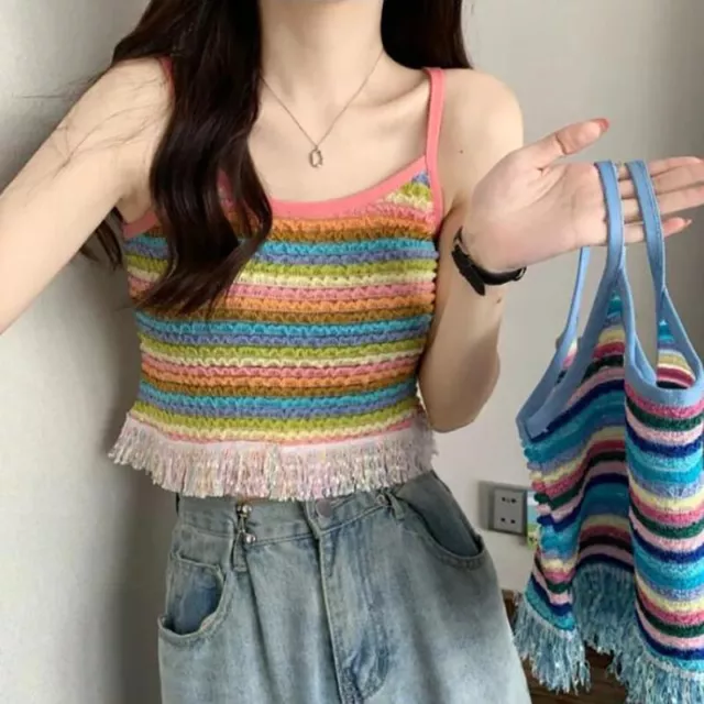 Summer Tassel Colorful Striped Knitted Camisole Women Sleeveless Slim Tank Top