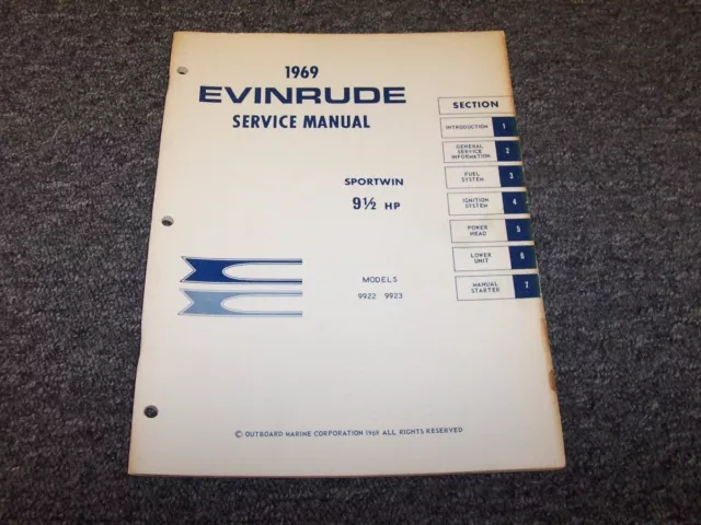 1969 Evinrude 9.5 9 1/2 HP Sportwin Outboard Motor Shop Service Repair Manual