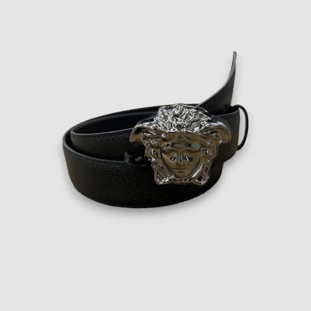 $476 Versace Men's Black La Medusa Buckle Adjustable Leather Belt Size 38in 95cm