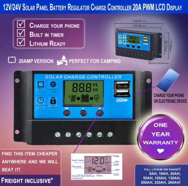 12V/24V 20A Solar Panel Regulator Charge Controller PWM LCD Display-Free Freight