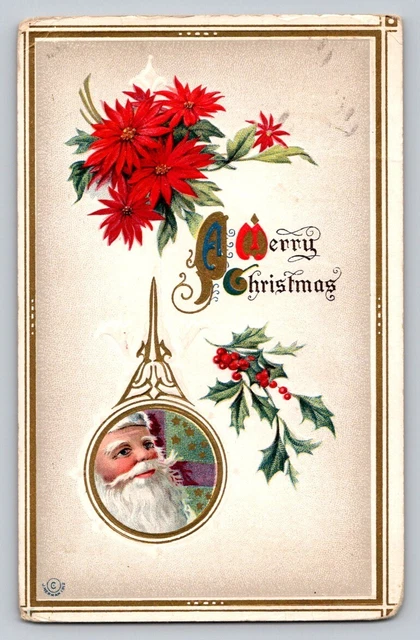 c1910 Santa Claus In Bell Poinsettia Holly Embossed Merry Christmas P36