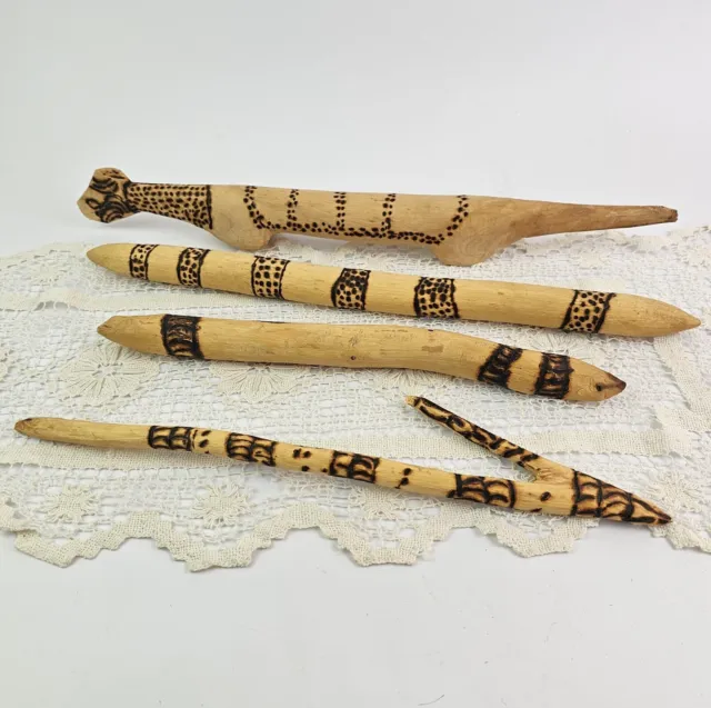 Aboriginal Hand Carved Mulga Wood Lizard Goanna Clap & Throw Sticks - Pokerwork