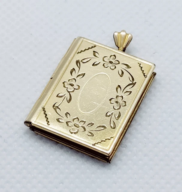 Vintage 1/20 12K Gold Filled Book Photo Locket Pendant w/Etched Flower Design