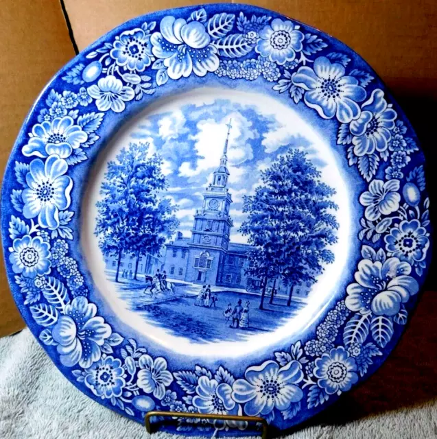 Plate~Staffordshire Ironstone Liberty Blue Dinner Independence Hall England9.75"